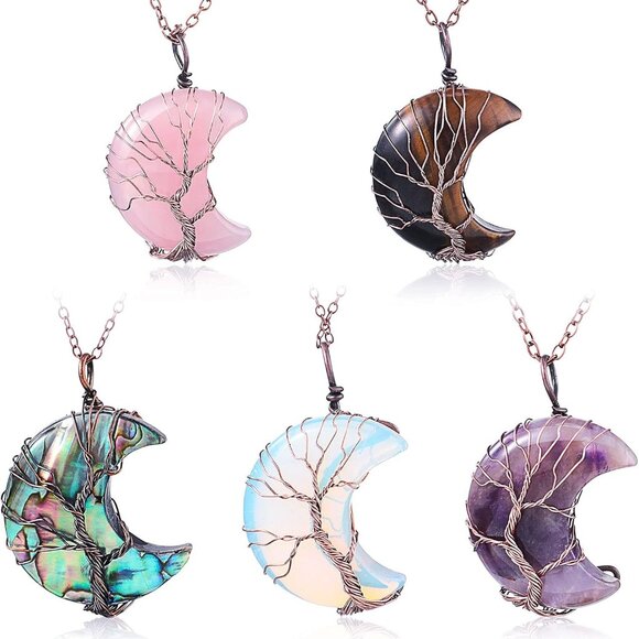 Tree of Life Crescent Moon Necklace Natural Gemstones Healing Crystal Jewelry - Picture 1 of 7